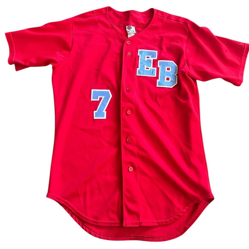 Vintage Rawlings Baseball Jersey Adult Size L Red Buttons Blue "EB" #7